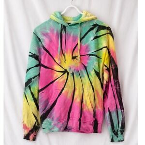 Tie Dye Hoodie Mens Medium Spiral Pink Blue Yellow Y2K Festival Pullover